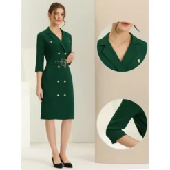 Allegra K Women's Lapel Collar Double Breasted Belted Business Work Blazer Dress