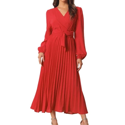 Seta T Women's Spring Fall Long Lantern Sleeve Wrap V Neck Flowy Ruffle Pleated Midi Dresses 9 Seta T Women's Spring Fall Long Lantern Sleeve Wrap V Neck Flowy Ruffle Pleated Midi Dresses - Image 7