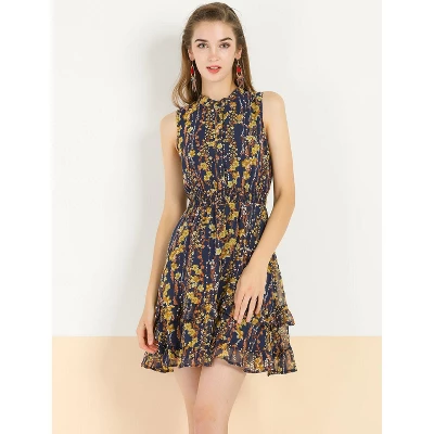 Allegra K Women's Floral A-line Smocked Waist Tiered Ruffled Chiffon Mini Dress 4 Allegra K Women's Floral A-line Smocked Waist Tiered Ruffled Chiffon Mini Dress - Image 2