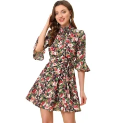 Allegra K Women's Floral 3/4 Bell Sleeve Smocked Belted Flare Ruffle Dress -Mizuno Shop GUEST 888c1a2b 515d 4a37 a9a9 ef3c30eaed7e