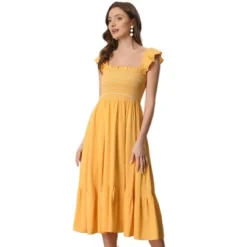 Allegra K Women's Square Neck Ruffle Trim Flowy Smocked Midi Dress -Mizuno Shop GUEST 89dd12b0 356d 4545 8638 754c9a6bf6de