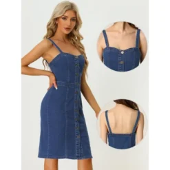 Allegra K Women's Sweetheart Neckline Straps Sleeveless Button Down Denim Dresses