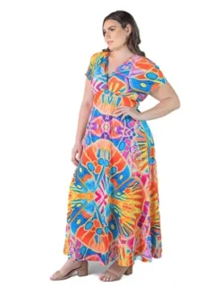 Plus Size V-Neck Cap Sleeved Loose Fitting Waist Long Dress