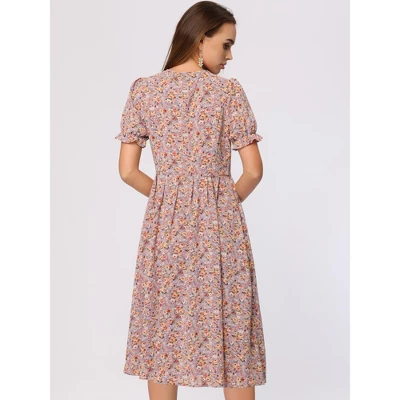 Allegra K Women's Floral Round Neck Ruffle Sleeve Button Down Midi Shirt Dress 5 Allegra K Women's Floral Round Neck Ruffle Sleeve Button Down Midi Shirt Dress - Image 3