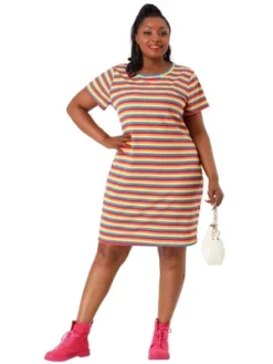 Agnes Orinda Women's Plus Size Rainbow Striped Curvy Fit Shirtdress -Mizuno Shop GUEST 9557866f 2aaf 4621 8cbe da8ff1cc129f