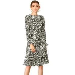 Allegra K Women's Floral Long Sleeve Printed Elastic Waist Ruffle Hem Knee Length Dress -Mizuno Shop GUEST 9a4f81c7 3822 4909 bcbe c4aff6a35b1c