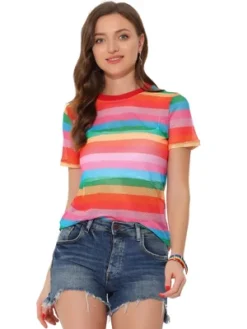 Allegra K Women's Rainbow Blouse Short Sleeve Mesh Sheer Stripe T-Shirt -Mizuno Shop GUEST a02babf1 e196 4ad8 8534 1e5173818273