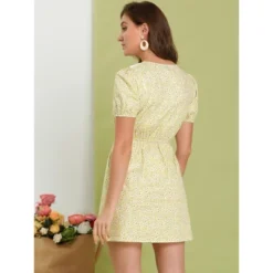 Allegra K Women's Casual Floral Embroidered Contrast Collar Elastic Waist Button-Down Mini Dress -Mizuno Shop GUEST a0792587 f10d 4f75 96fa 6547faaddda8