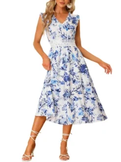 Allegra K Women's V Neck Lace Insert Waist Midi Floral Sundress -Mizuno Shop GUEST a1d818c1 e9a1 4363 a6a9 4578b6016080