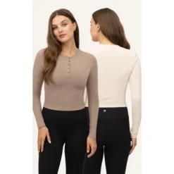 Yogalicious Womens 2 Pack Velvety Heather Valentina Long Sleeve Henley Crop Top -Mizuno Shop GUEST a2536e3f 4d54 47d2 abd3 924a0b670c35