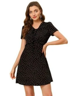 Allegra K Women's Floral Ruffle Trim Tie V Neck Shorts Sleeves Mini Dress -Mizuno Shop GUEST a28866ae 3608 456a 90ba dcffcc040f89