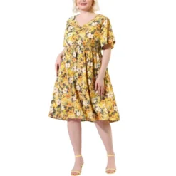 Agnes Orinda Women's Plus Size V Neck Floral Beach Midi Dress