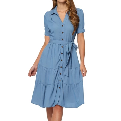 Allegra K Women's Summer V Neck Short Sleeve Button Down Tie Waist Chambray Shirt Dress 7 Allegra K Women's Summer V Neck Short Sleeve Button Down Tie Waist Chambray Shirt Dress - Image 5