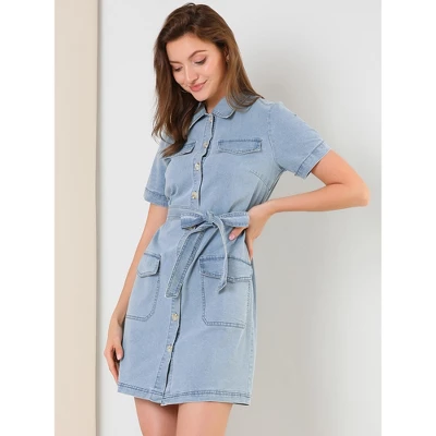 Allegra K Women's Jean Casual Collared Belted Button Down Denim Shirt Dress 3 Allegra K Women's Jean Casual Collared Belted Button Down Denim Shirt Dress