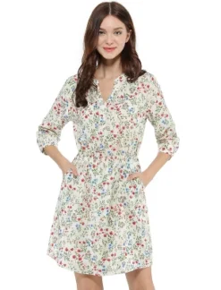 Allegra K Women's Button Front Floral Print V Neck 3/4 Sleeves Above Knee Dresses -Mizuno Shop GUEST a819f65c 6276 46eb bf18 ba4a9f087fca