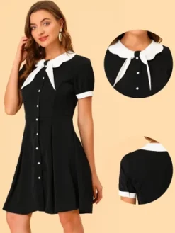 Allegra K Women's Fit And Flare Contrast Color Bowtie Neck Dress