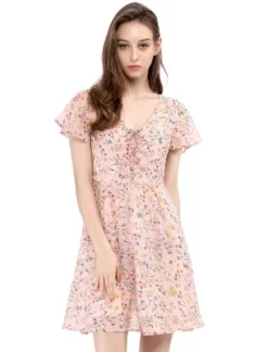 Allegra K Women's Floral Printed Spring Summer Flare Short Sleeve Lace-up V Neck Chiffon Dress -Mizuno Shop GUEST aa83b9a3 92b8 4606 b1b7 bed95aad9829