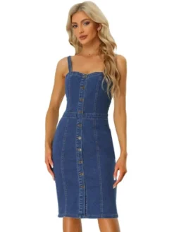 Allegra K Women's Sweetheart Neckline Straps Sleeveless Button Down Denim Dresses -Mizuno Shop GUEST ac0cd92f 9f41 4a68 8d9d 7433e7d97d12