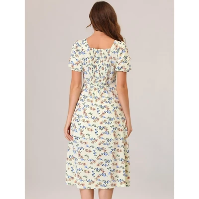 Allegra K Women's Summer Floral Dress Square Neck Puff Short Sleeve Split Midi Dress 6 Allegra K Women's Summer Floral Dress Square Neck Puff Short Sleeve Split Midi Dress - Image 4