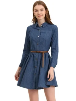 Allegra K Women's Button Down Belted Pleated Flare A-line Denim Shirt Dress -Mizuno Shop GUEST b45564a4 0b12 452f 94ff 01ecdc6f39d2