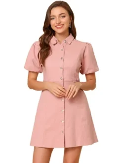 Allegra K Women's Puff Short Sleeve Collared Button Front Mini Jean Denim Dress -Mizuno Shop GUEST b709b0e3 0fa9 4a42 bfaf bdd3c82664c2