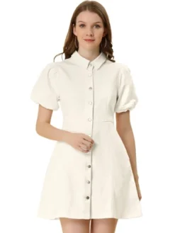 Allegra K Women's Puff Short Sleeve Collared Button Front Mini Jean Denim Dress -Mizuno Shop GUEST b816bff5 50bd 4118 8628 bb48497ac1fc