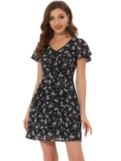 Allegra K Women's Floral Printed Spring Summer Flare Short Sleeve Lace-up V Neck Chiffon Dress -Mizuno Shop GUEST b83a7bf1 3f57 4277 a96e 7f8a173bf4bb