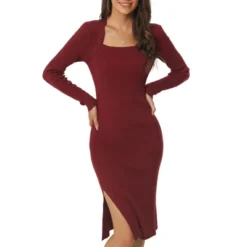 Seta T Women's Square Neck Long Sleeve Slim Fit Ribbed Knit Bodycon Midi Sweater Dress -Mizuno Shop GUEST b856d241 63e3 4d82 aa39 68c3b3fbe5af