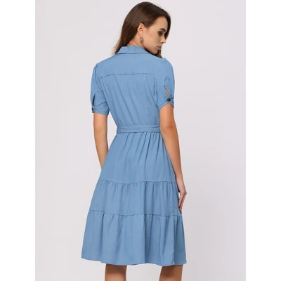 Allegra K Women's Summer V Neck Short Sleeve Button Down Tie Waist Chambray Shirt Dress 5 Allegra K Women's Summer V Neck Short Sleeve Button Down Tie Waist Chambray Shirt Dress - Image 3