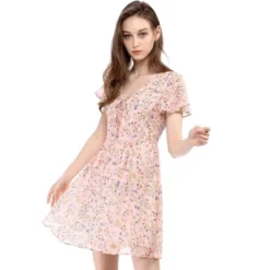 Allegra K Women's Floral Printed Spring Summer Flare Short Sleeve Lace-up V Neck Chiffon Dress