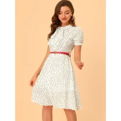 Allegra K Women's Peter Pan Collar Tie Neck Short Sleeves A-Line Elegant Belted Floral Dress