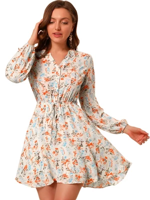 Allegra K Women's Floral Print Button Front Puff Sleeve Tie Waist Shirt Dress 9 Allegra K Women's Floral Print Button Front Puff Sleeve Tie Waist Shirt Dress - Image 7
