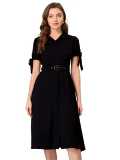 Allegra K Women's Business Casual Shirt Short Sleeve Pocket Belted Button Down Midi Dresses -Mizuno Shop GUEST c1a4e687 f170 480f 8239 5e65839cd6f4