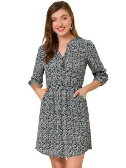 Allegra K Women's Button Front Floral Print V Neck 3/4 Sleeves Above Knee Dresses -Mizuno Shop GUEST c1b73306 3fe4 4135 b842 5da3c0fe641f