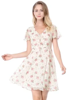 Allegra K Women's Floral Printed Spring Summer Flare Short Sleeve Lace-up V Neck Chiffon Dress -Mizuno Shop GUEST c6a6d683 9ef4 444f 9a91 d5db656479fa