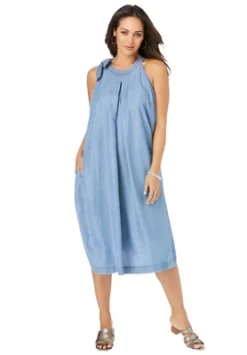 Jessica London Women’s Plus Size Denim Tie-Neck Dress