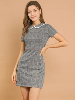 Allegra K Women's Vintage Houndstooth Short Sleeve Slim Fit Stretchy Mini Bodycon Dress