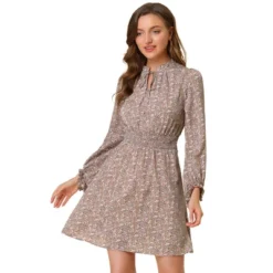 Allegra K Women's Smocked Waist Tie Neck Floral Long Sleeve Dress -Mizuno Shop GUEST cd6ac68b 2e7e 470f 9e7a cc203ba8aac2