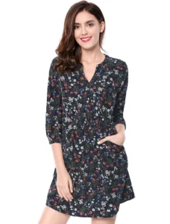 Allegra K Women's Button Front Floral Print V Neck 3/4 Sleeves Above Knee Dresses -Mizuno Shop GUEST d0130946 e750 47dc ab04 2f251eb5ff22