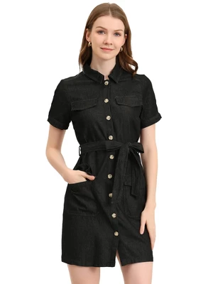 Allegra K Women's Jean Casual Collared Belted Button Down Denim Shirt Dress 10 Allegra K Women's Jean Casual Collared Belted Button Down Denim Shirt Dress - Image 8