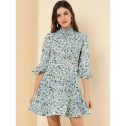 Allegra K Women's Floral 3/4 Bell Sleeve Smocked Belted Flare Ruffle Dress -Mizuno Shop GUEST d3011c72 e2f3 4627 96a8 adb2c2f0506f