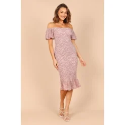 Petal And Pup Womens Claire Shirred Bodycon Off Shoulder Midi Dress -Mizuno Shop GUEST d686a5af 5e96 4c1a b9eb 6f509e45a9d2