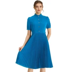 Allegra K Women's Elegant Short Sleeve Ruffle Stand Neck Belted Waist Pleated A Line Midi Dress -Mizuno Shop GUEST d7209331 a53f 4625 89a8 ba4699f62cc7