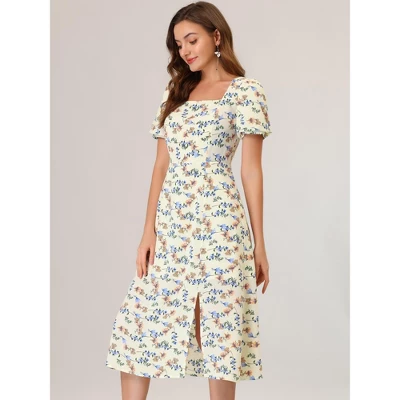 Allegra K Women's Summer Floral Dress Square Neck Puff Short Sleeve Split Midi Dress 5 Allegra K Women's Summer Floral Dress Square Neck Puff Short Sleeve Split Midi Dress - Image 3