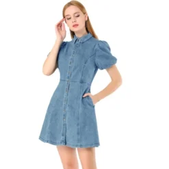 Allegra K Women's Puff Short Sleeve Collared Button Front Mini Jean Denim Dress -Mizuno Shop GUEST e1ac6e58 3738 4cda b288 300bc6afa632