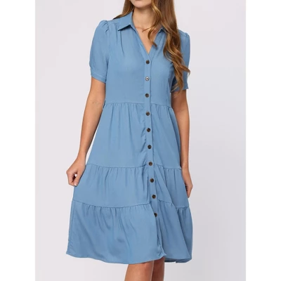 Allegra K Women's Summer V Neck Short Sleeve Button Down Tie Waist Chambray Shirt Dress 3 Allegra K Women's Summer V Neck Short Sleeve Button Down Tie Waist Chambray Shirt Dress