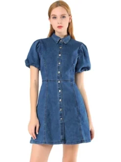 Allegra K Women's Puff Short Sleeve Collared Button Front Mini Jean Denim Dress -Mizuno Shop GUEST e49328c5 bc21 4e28 85c5 7e52445b781b