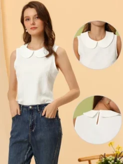 Allegra K Women's Casual Peter Pan Collar Sleeveless Jacquard Floral Tank Top