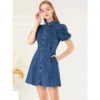 Allegra K Women's Puff Short Sleeve Collared Button Front Mini Jean Denim Dress