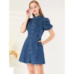 Allegra K Women's Puff Short Sleeve Collared Button Front Mini Jean Denim Dress
